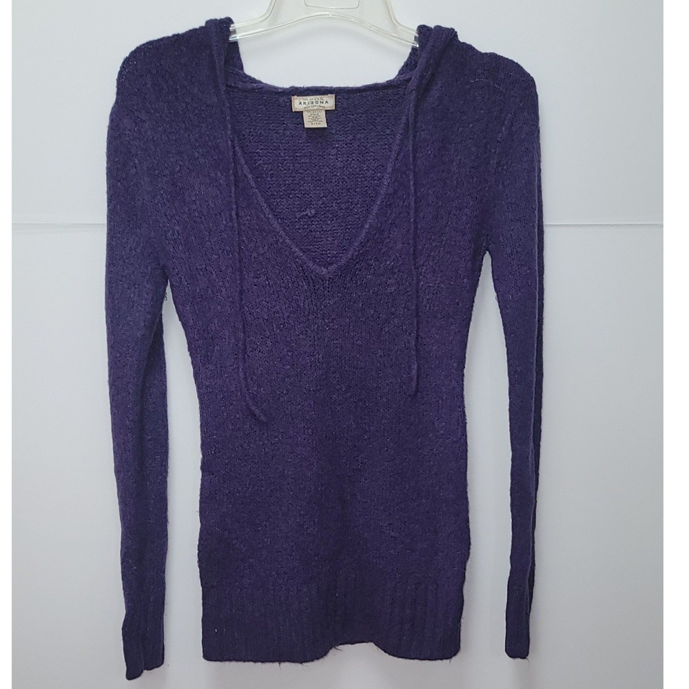 Arizona Jean Co Purple Hooded V-Neck Knit Sweater Long Sleeve Y2K Cozy Soft Girl